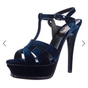 Saint Laurent Tribute Velvet Navy Blue Women's Platform Heels
